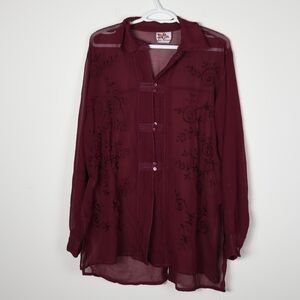La Femme Red Wine Embroidered Button Down Top M